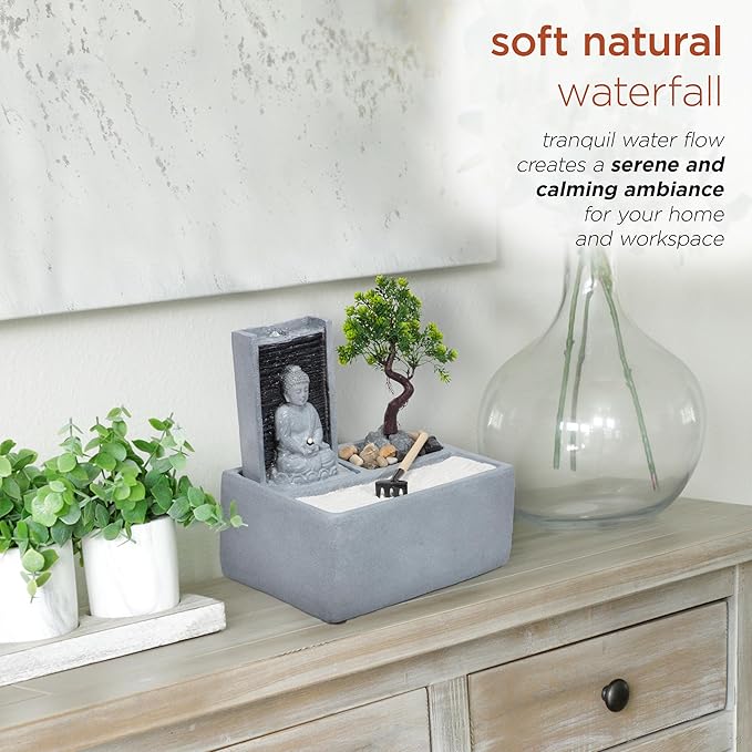 Alpine Corporation DIG278 13" Indoor/Outdoor Tabletop Fountain with LED Lights, Buddha Bonsai Garden Water Feature for Home, Patio & Desk Décor, Gray