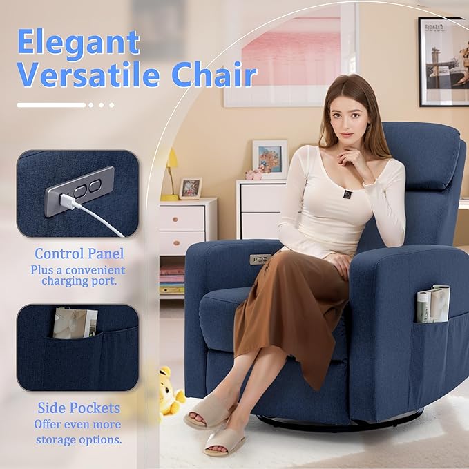 Power Swivel Recliner Chairs for Adults, Electric Glider Rocking Chair Nursery, Glider Recliner Nursery Chair with Classified Side Pocket, Nursery Rocking Chairs with USB and Type-C Ports