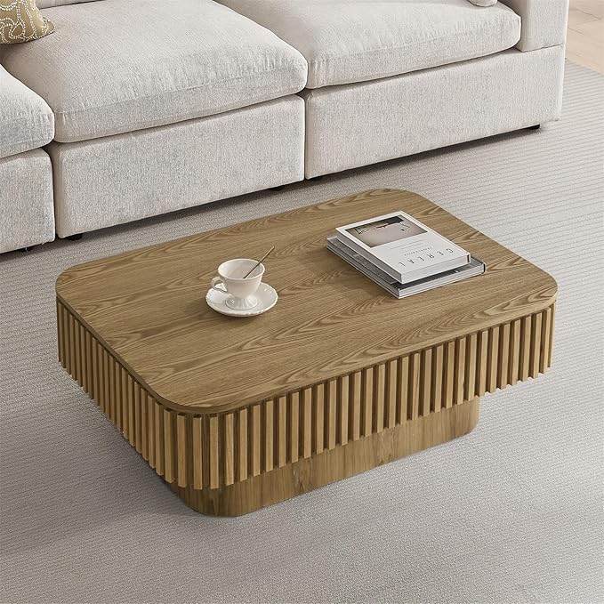 Lift Top Coffee Table for Living Room, Fluted Coffee Tables with Storage, Solid Wood Veneered Modern Accent Tea Center Table for Small Space Apartment (Natural-38.6''D×26.8''H)