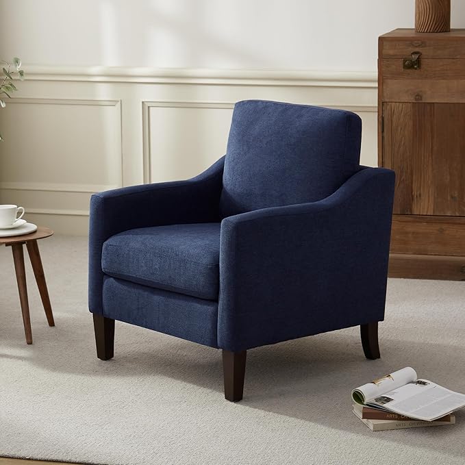 VKNOW Mid Century Modern Accent Chair, Upholstered Living Room Chairs Armchair for Bedroom, Comfy Reading Accent Chairs with Wood Legs for Living Room, Navy Blue