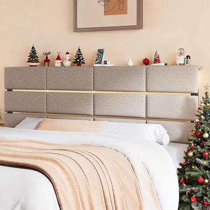 King/Cal King Size Upholstered Headboard, Adjustable Head Boards with LED Light & Charging Station, Bed Headboard Only, Attach Frame, Ideal for Bedroom, Dorm, Guest Room, Beige
