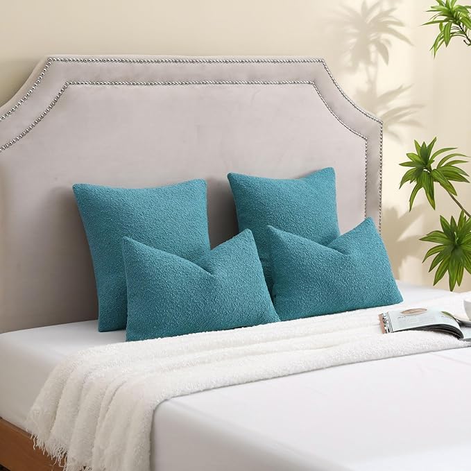 FUTEI Pack of 2 Teal Blue Decorative Throw Pillow Covers 12x20 Inch Soft Cozy Solid Boucle Textured Lumbar Pillow Cases,Modern Home Decor for Couch Bed Living Room