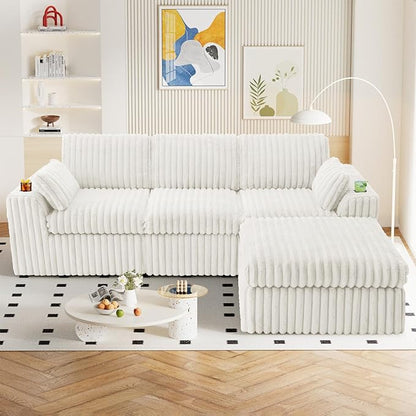 114" Cloud Boneless Sectional Couches for Living Room, Modular Sectional Sofa with Cup Holder, Cozy Fluffy L Shaped Deep Seat Boneless Couch with Storage Pocket, No Assembly Required, White