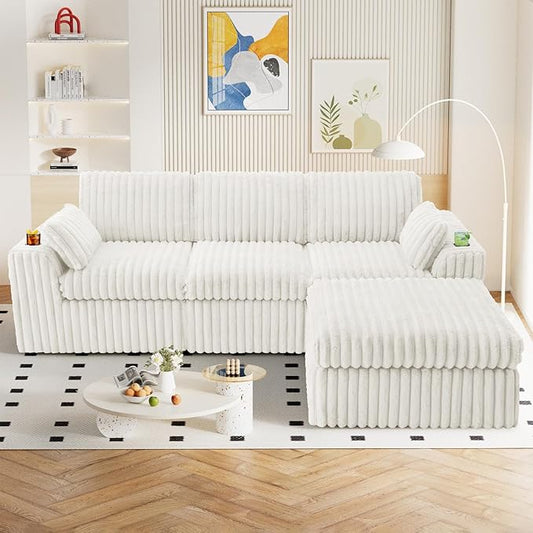 114" Cloud Boneless Sectional Couches for Living Room, Modular Sectional Sofa with Cup Holder, Cozy Fluffy L Shaped Deep Seat Boneless Couch with Storage Pocket, No Assembly Required, White