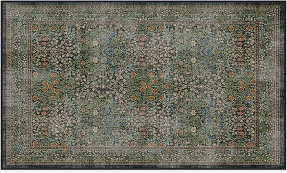 RUGGABLE x Morris & Co Washable Area Rug – Blackthorn Forest Green 3x5, Stain-Resistant, Non-Slip – Small Machine Washable Rugs for Living Room, Bedroom, Hallway, Entryway & Office–with Standard Pad