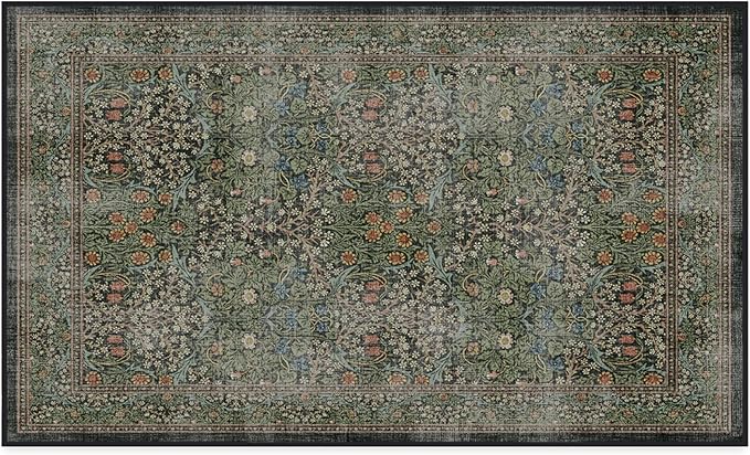 RUGGABLE x Morris & Co Washable Area Rug – Blackthorn Forest Green 3x5, Stain-Resistant, Non-Slip – Small Machine Washable Rugs for Living Room, Bedroom, Hallway, Entryway & Office–with Cushioned Pad
