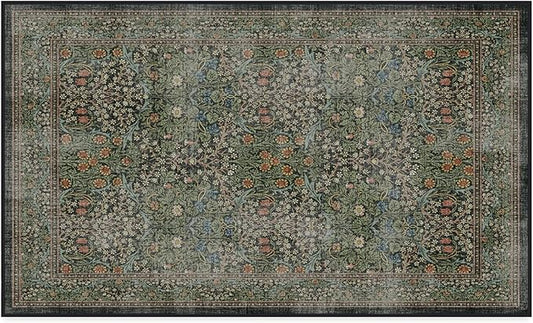 RUGGABLE x Morris & Co Washable Area Rug – Blackthorn Forest Green 3x5, Stain-Resistant, Non-Slip – Small Machine Washable Rugs for Living Room, Bedroom, Hallway, Entryway & Office–with Cushioned Pad