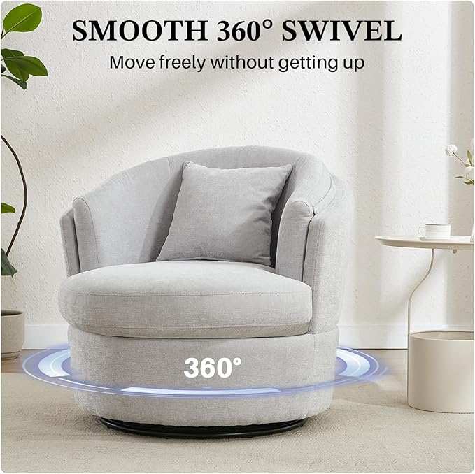 Swivel Accent Chair, 360 Degree Round Swivel Barrel Chair with Pillow, Widened Upholstered Chenille Barrel Armchair for Living Room Bedroom Reading Room, Light Gray