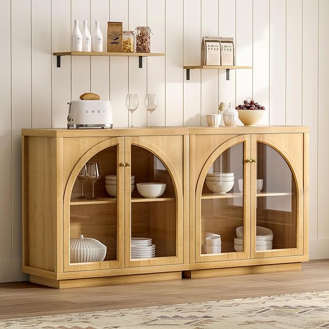 Sideboard Buffet Cabinet Set of 2, Storage Cabinet with Adjustable Shelf Modular Accent Display Case with Acrylic Doors Console Table for Living Room Kitchen Entryway, Natural Oak