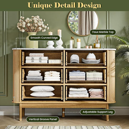 Fluted 6 Drawer Dresser for Bedroom, 47" Wide Chest of Drawers with Faux Marble Top & Curved Profile Design, Modern Dresser TV Stand, Wood Drawer Storage Organizer for Living Room, Natural