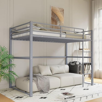 Metal Loft Bed Twin Size, Loft Bed Frame with Safety Guard Rails & Flat Ladder, Twin Loft Bed for Kids Teens Adults