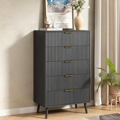 CARPETNAL Fluted 5 Drawers Dresser for Bedroom, 45" Tall Wooden Chest of Drawers with Rounded Corners, Gold Handles, Modern Storage Organizer for Bedroom, Hallway (Black)