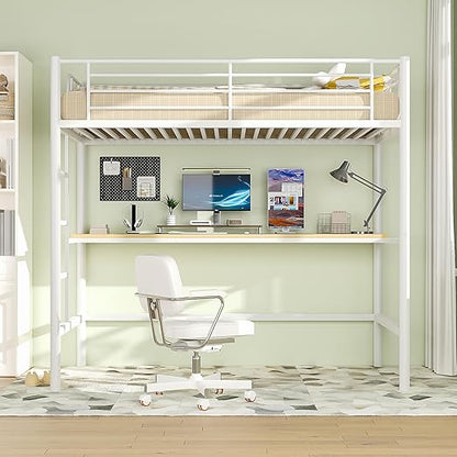 VECELO Metal Loft Bed Twin Size with Desk, Heavy Duty Bedframe with Removable Ladder and Safety Guardrail, Space-Saving, Noise Free, No Box Spring Needed, Off White