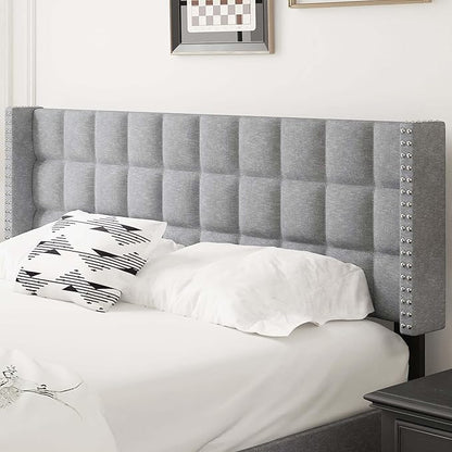 VECELO Headboard Queen Size, Linen Upholstered Headboards Only with Nailhead Trim Wingback, Square Stitched Design, Adjustable Height from 40" to 49.8", Light Grey