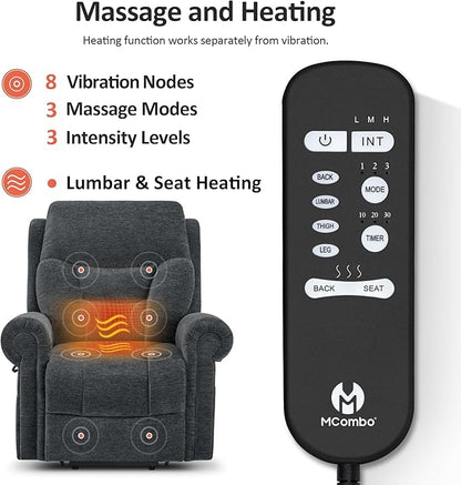 MCombo Triple Motor Power Lift Recliner Chair with Massage and Lumbar&seat Heating, Rolled Arms, Adjustable Headrest for Elderly People, Fabric 7888 (Dark Grey, Medium)