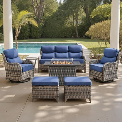 Belord Luxury 6" Thick Cushioned 7 Pieces Patio Furniture Set with Fire Pit Table, Wicker Outdoor Conversation Set with High Back Swivel Rocker Chairs for Deck Porch Yard and Poolside - Grey+Blue