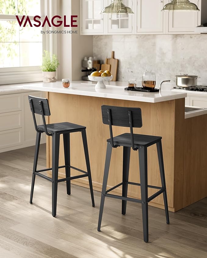 VASAGLE Set of 4 Bar Stools, Bar Height Stools, 29.1 Inches Tall Barstools with Back, Counter Bar Chairs for Kitchen Island, Steel Frame, Industrial Style, Easy Assembly, Ash Black and Ink Black