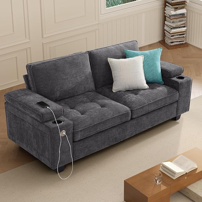 74" Loveseat Couch for Living Room,Modern Chenille Upholstered Sofa with Adjustable Storage Armrest Cup Holders,USB & Type-C Ports,Solid Wood 2-Seater Loveseat Sofa for Apartment(Deep Gray)