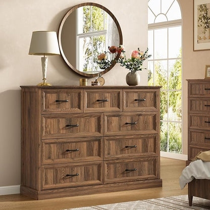 CARPETNAL Farmhouse 9 Drawer Dresser for Bedroom, 55 Inch Wide Modern Brown Dresser TV Stand with Large Drawers & Bar Handles, Rustic Wood Chest of Drawers for Bedroom, Living Room, Hallway, Entryway.