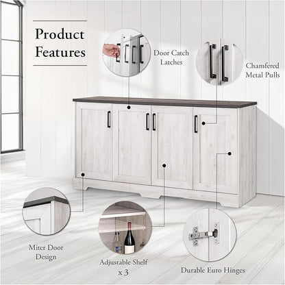 Prepac Rustic Ridge 4 Door Console Table with Storage, Washed White Storage Cabinet with Doors and Shelves, Sideboard Storage Cabinet 66" W x 31.75" H x 16" D, ACBG-1620-1