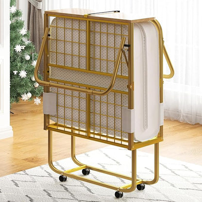 Mjkone Folding Bed with 5" Memory Foam Mattress & Upgraded 75x38 Frame Single Portable Guest Bed, Space-Saving Design, Lockable Wheels for Easy Moving, Quick Assembly & Compact Storage-Gold