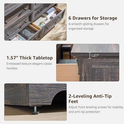 Farmhouse 6 Drawers Dresser for Bedroom, 54" Wide Large Dressers & Chests of Drawers w/Roman Column, Wooden Dresser TV Stand with Large Drawers for Nursery Bedroom Living Room Hallway,Dark Rustic Oak
