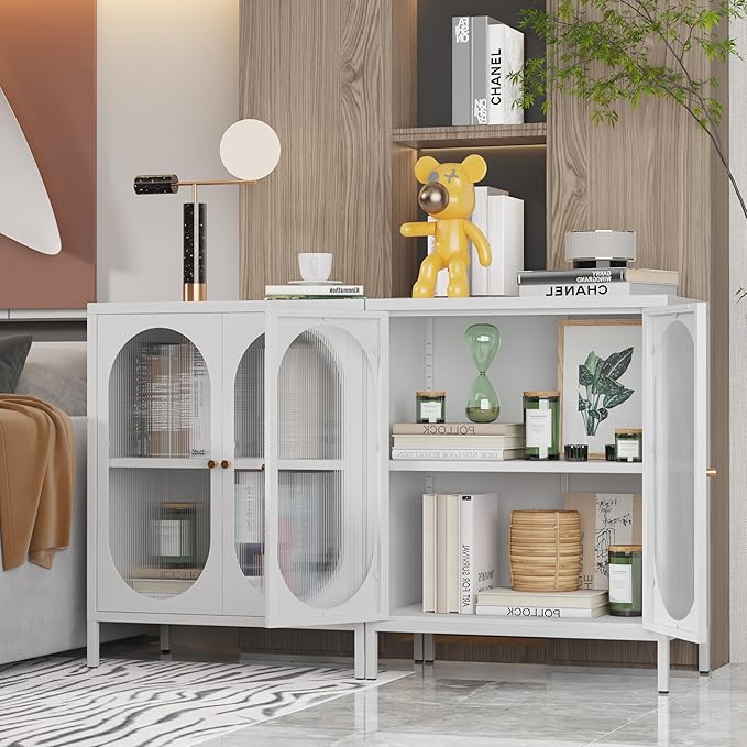 Small White Cabinet with High Feet, Metal Pantry Cabinet with Adjustable Shelf, Storage for Room, Office, Living Room,Dining Room,Sideboard, Hallway and Entryway