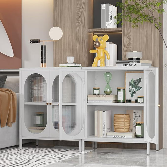 Small White Cabinet with High Feet, Metal Pantry Cabinet with Adjustable Shelf, Storage for Room, Office, Living Room,Dining Room,Sideboard, Hallway and Entryway