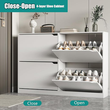 Shoe Storage Cabinet for Entryway with 4 Flip Drawers, Sturdy Wood Hidden Shoe Storage, Freestanding Narrow Slim Shoe Organizer for Front Door Entrance, Living Room, Hallway, Bedroom, White