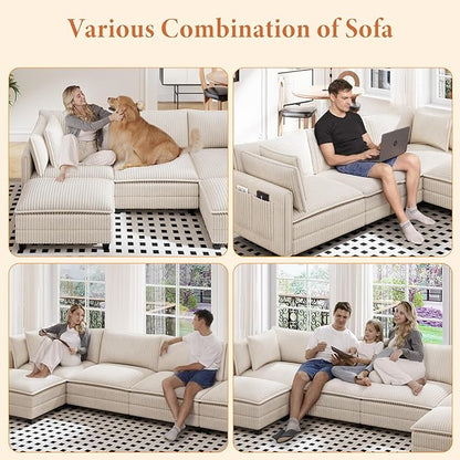Vesgantti 143" U Shaped Sectional Modular Couch, Comfy Corduroy Upholstered Modular Cloud Sofas for Living Room, Modern Sectional Sofa with 2 Ottoman Deep Seat, Beige