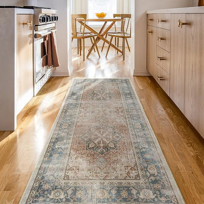 RUGGABLE Washable Vintage Area Rug – Kamran Coral 9x12, Stain-Resistant, Non-Slip – Large Machine Washable Rugs for Living Room, Bedroom, Hallway, Entryway & Office–with Cushioned Pad