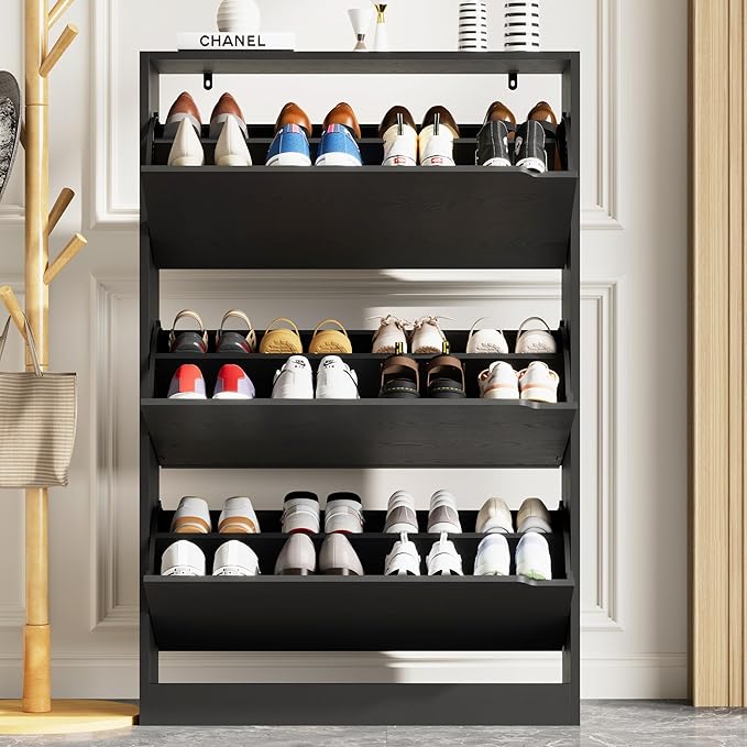 Shoe Storage Cabinet for Entryway with 3 Flip Drawers, Sturdy Wood Hidden Shoe Storage, Freestanding Narrow Slim Shoe Organizer for Front Door Entrance, Living Room, Hallway, Bedroom, Black
