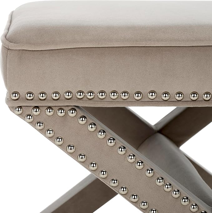 SAFAVIEH Home Collection Palmer Mushroom Taupe with Silver Nailhead Trim X-Bench Ottoman Foot Stool, Fully Assembled (MCR4589V)