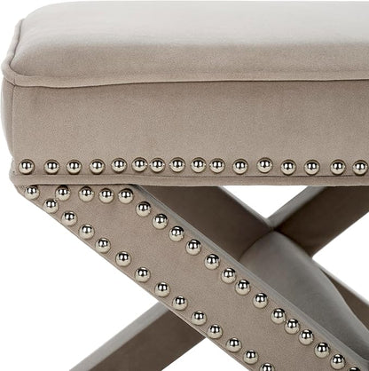 SAFAVIEH Home Collection Palmer Mushroom Taupe with Silver Nailhead Trim X-Bench Ottoman Foot Stool, Fully Assembled (MCR4589V)