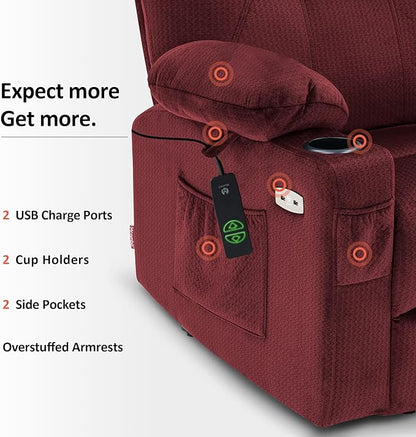 MCombo Power Lift Recliner Chair for Elderly, Lift Chair with Heat and Massage, USB&Type C Ports, Extended Footrest, Cup Holders, Fabric 7040 (Medium, Carmine Red)