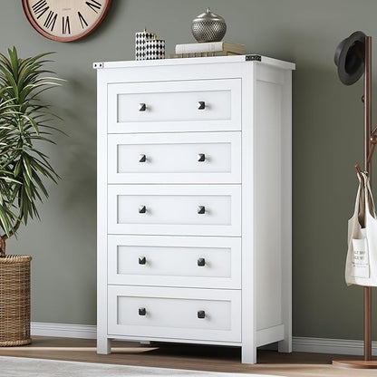 Tall 5-Drawer Dresser, Modern Wooden Storage Chest of Drawers, Dresser TV Stand, Wood Drawer Organizer with Metal Handles for Bedroom, Living Room, Hallway