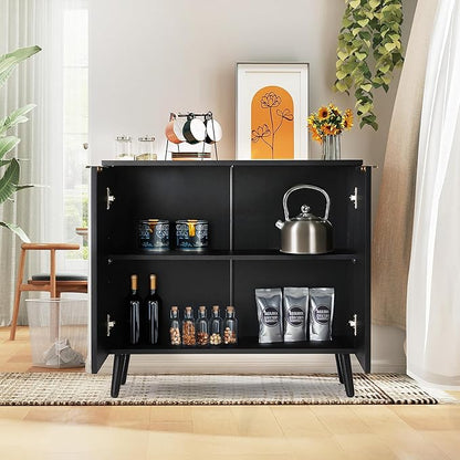 Fluted Storage Cabinet with Doors, Wood Sideboard Buffet Cabinet with Adjustable Shelf, Modern Accent for Living Room, Entryway (Set of 3, Black)
