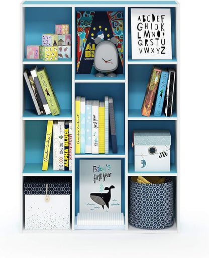 Furinno LUDER Book Shelf, 11-Cube Bookshelf, Reversible Bookcase, 9.4 x 29.1 x 41.7, for Living Room, Bedroom, Home Office, White/Light Blue