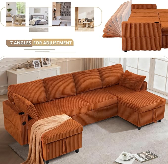 110" Corduroy Pull Out Sofa Bed w/Adjustable Backrests, Sectional U-Shape Sleeper Sofa w/Storage Chaise, Convertible Couch Bed w/USB Charging Port & Cup Holders for Living Room, House, Orange