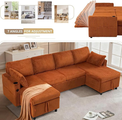 110" Corduroy Pull Out Sofa Bed w/Adjustable Backrests, Sectional U-Shape Sleeper Sofa w/Storage Chaise, Convertible Couch Bed w/USB Charging Port & Cup Holders for Living Room, House, Orange