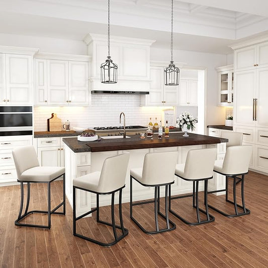 PHI VILLA Light Grey Bar Stools Set of 6, Faux Leather Counter Height Chairs, Kitchen Stools for Island, 24 Inch Barstools with Back