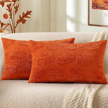 decorUhome Decorative Two Rust Pumpkins Thanksgiving Throw Pillow Covers 12x20 Set of 2, Soft Chenille Jacquard Farmhouse Textured Pillow Covers for Couch Bed Sofa Autumn Harvest Halloween Holiday