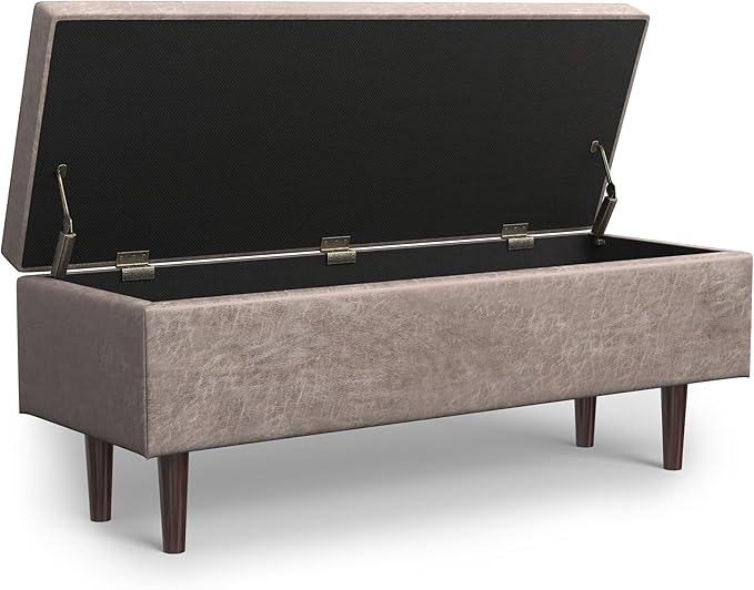 SIMPLIHOME Shay 48 inch Wide Mid Century Modern Rectangular Storage Ottoman in Distressed Grey Taupe Vegan Faux Leather, Assembled, for The Living Room, Entryway and Family Room