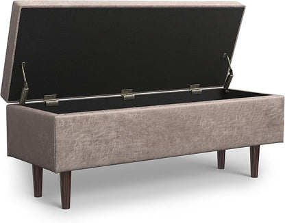 SIMPLIHOME Shay 48 inch Wide Mid Century Modern Rectangular Storage Ottoman in Distressed Grey Taupe Vegan Faux Leather, Assembled, for The Living Room, Entryway and Family Room
