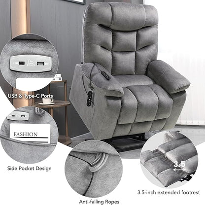 EONIX Oversized Wide Big Man Power Lift Recliner Chair for Elderly with Heat and Massage, 400lbs Dual Motor Lay Flat Electirc Lift Chair with Extended Footrest, SLRY008063, Grey