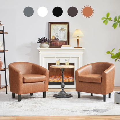 Yaheetech Brown Accent Chairs Set of 2, Faux Leather Barrel Chairs, Comfy Modern Leather Club Armchairs with Soft Seat for Living Room Bedroom Reading Waiting Room, Brown