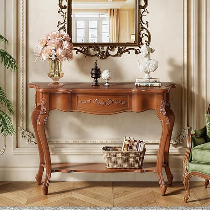 Tribesigns 47.2-Inch Console Table with Solid Wood Veneer, Mid-Century Modern Entryway Table with Shelves, Victorian Furniture for Living Room, Hallway, Entrance, Foyer (Walnut)