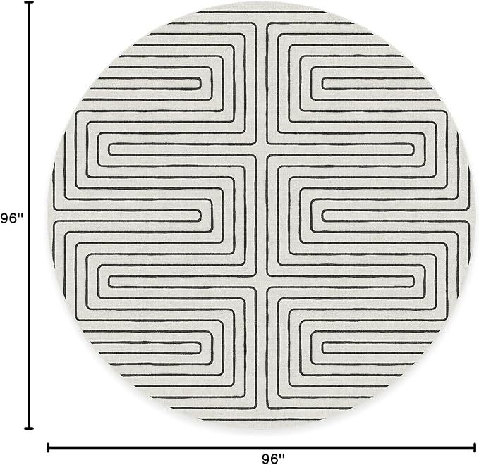 RUGGABLE x Jonathan Adler Machine Washable Area Rug – Labyrinth Black/Ivory 8 ft Round, Stain-Resistant, Non-Slip – Large Rugs for Living Room, Bedroom, Hallway, Entryway & Office–with Standard Pad