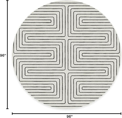 RUGGABLE x Jonathan Adler Machine Washable Area Rug – Labyrinth Black/Ivory 8 ft Round, Stain-Resistant, Non-Slip – Large Rugs for Living Room, Bedroom, Hallway, Entryway & Office–with Standard Pad