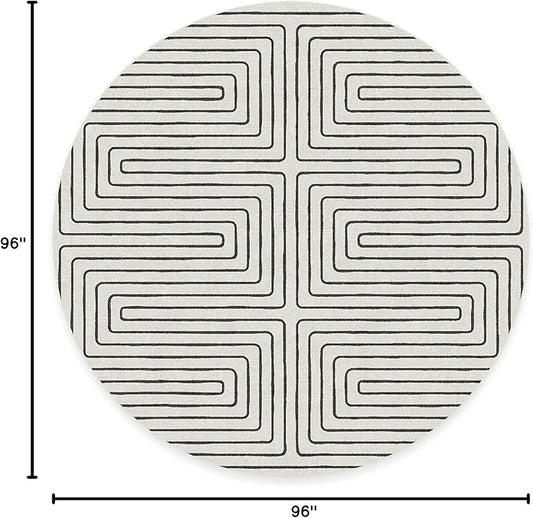 RUGGABLE x Jonathan Adler Machine Washable Area Rug – Labyrinth Black/Ivory 8 ft Round, Stain-Resistant, Non-Slip – Large Rugs for Living Room, Bedroom, Hallway, Entryway & Office–with Standard Pad